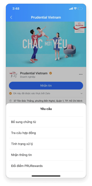 Cập nhật tính năng mới: Đổi ưu đãi PRURewards trên kênh Zalo OA Prudential Vietnam